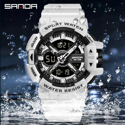 SANDA New Men's Watches Dual Display Sports Military 50M Waterproof Digital Watch Quartz Wristwatch Clock Relogio Masculino 3128