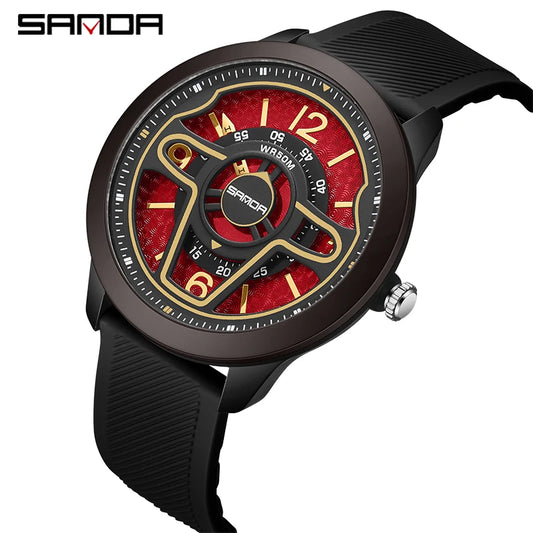 Sanda 9023 New Model Unique Design Rotating Dial Soft Silicone Strap 50M Waterproof Quartz Movement Business Men Wrist Watch