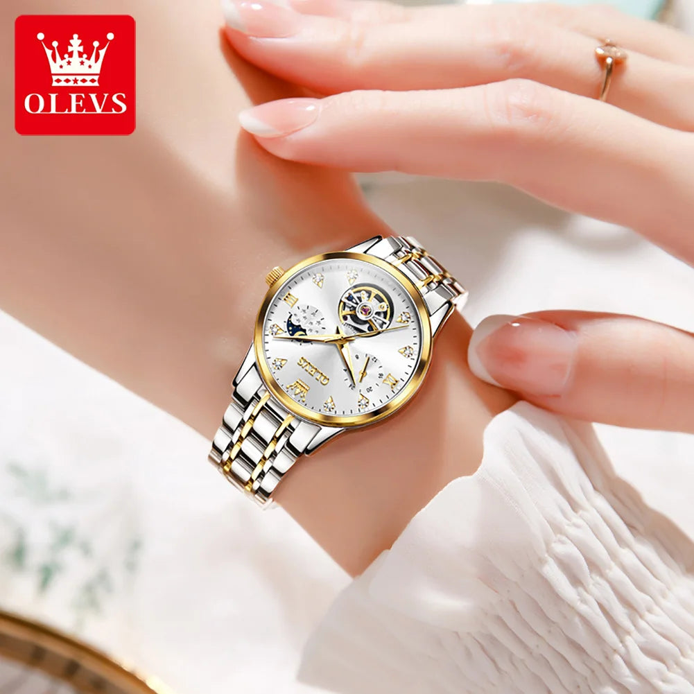 OLEVS Automatic Watch for Women Waterproof Luminous Skeleton Original Automatic Mechanical Elegant Women's Watches Set Gidt