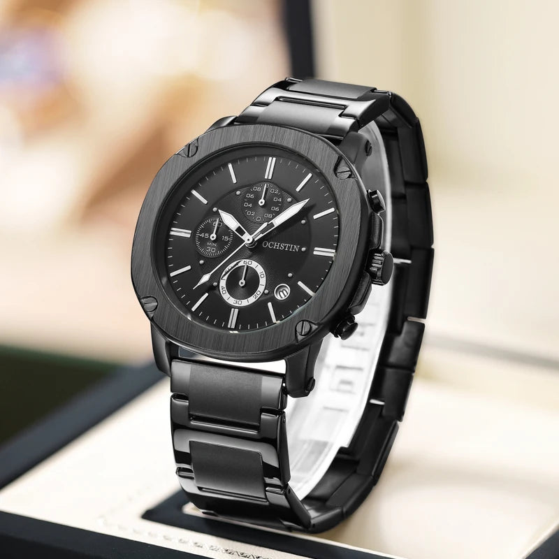 Men's Business Casual Chronograph Quartz Waterproof Wristwatch Black Stainless Steel Strap