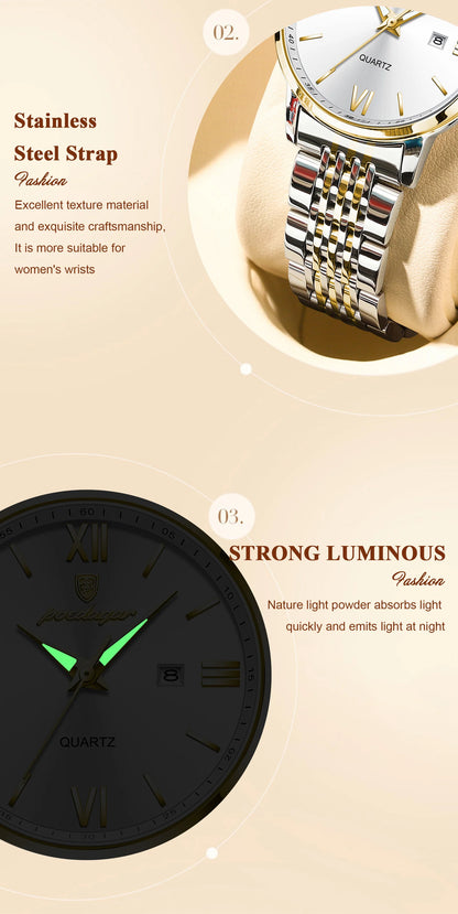 POEDAGAR Ladies Wristwatch Luxury Waterproof Luminous Date Gold Watch For Women Dress Stainless Steel Quartz Women's Watches+Box