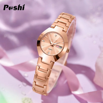 Swiss Brand POSHI Women Watch Stainless Steel Simple Waterproof Luminous with Date Week Quartz Watches Elegant Bracelet for Gift