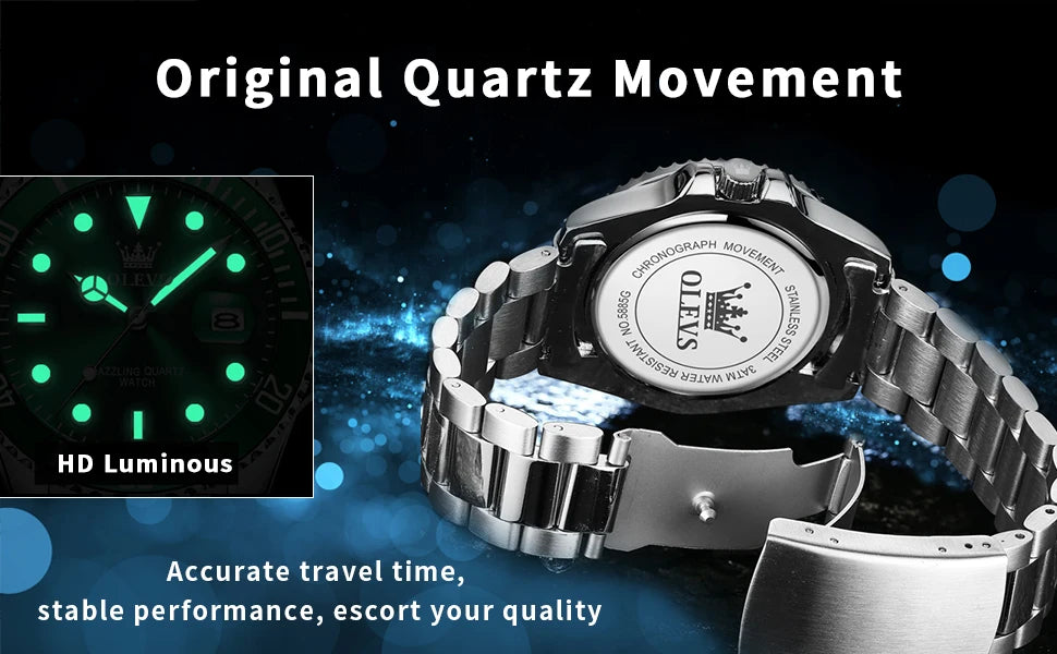 Montre Homme OLEVS Diver Vert Montre Étanche pour Homme Acier Inoxydable Quartz Homme Montre De Luxe Lumineuse