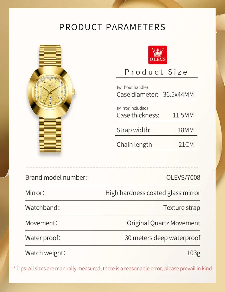 OLEVS Quartz Watch for Women Golden Tungsten steel Luxury Elegant Waterproof Calendar High Quality Watch Women's Wristwatches