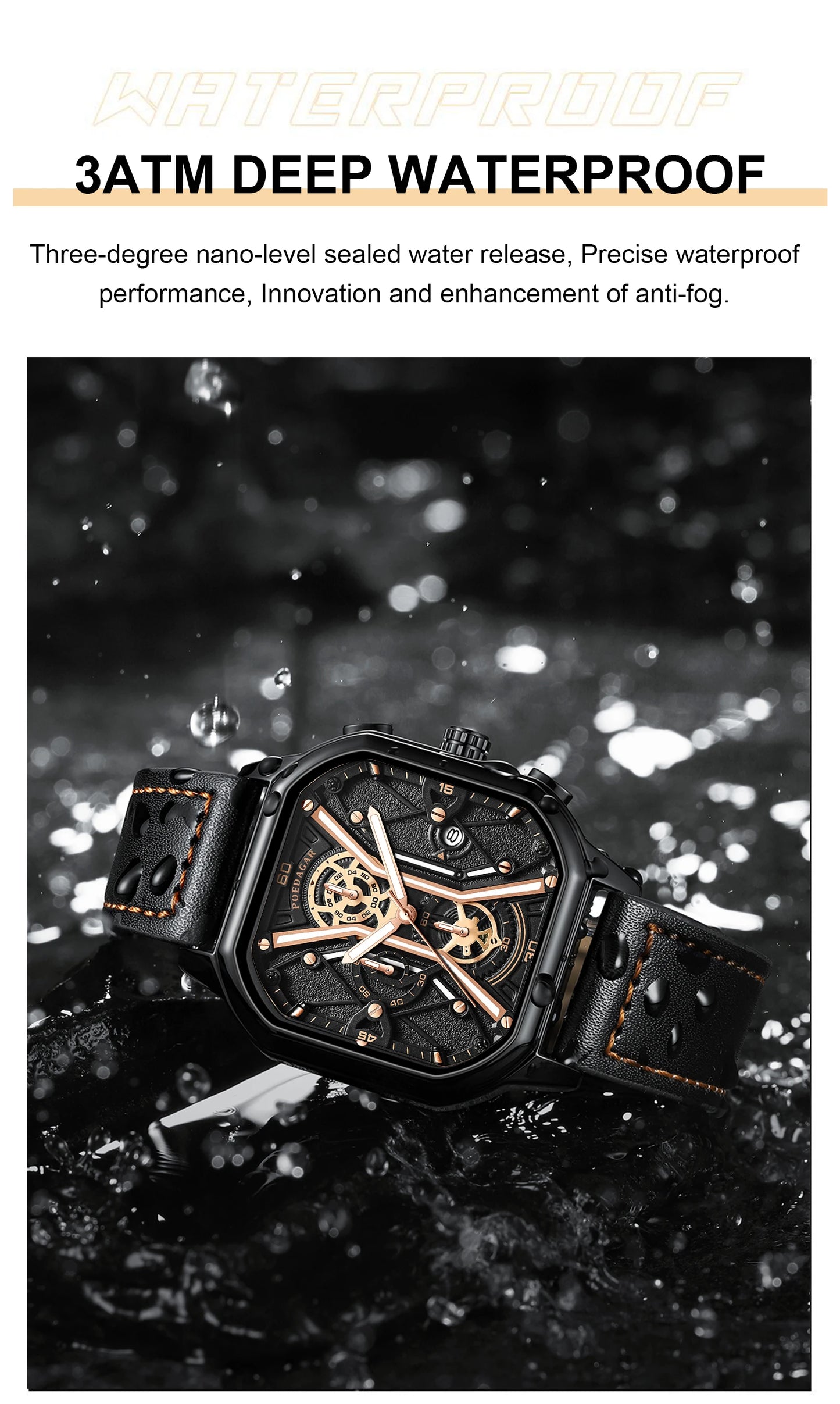 POEDAGAR Fashion Men Wristwatches Luxury Chronograph Luminous Waterproof Date Man Watch Square Dial Leather Quartz Men's Watches