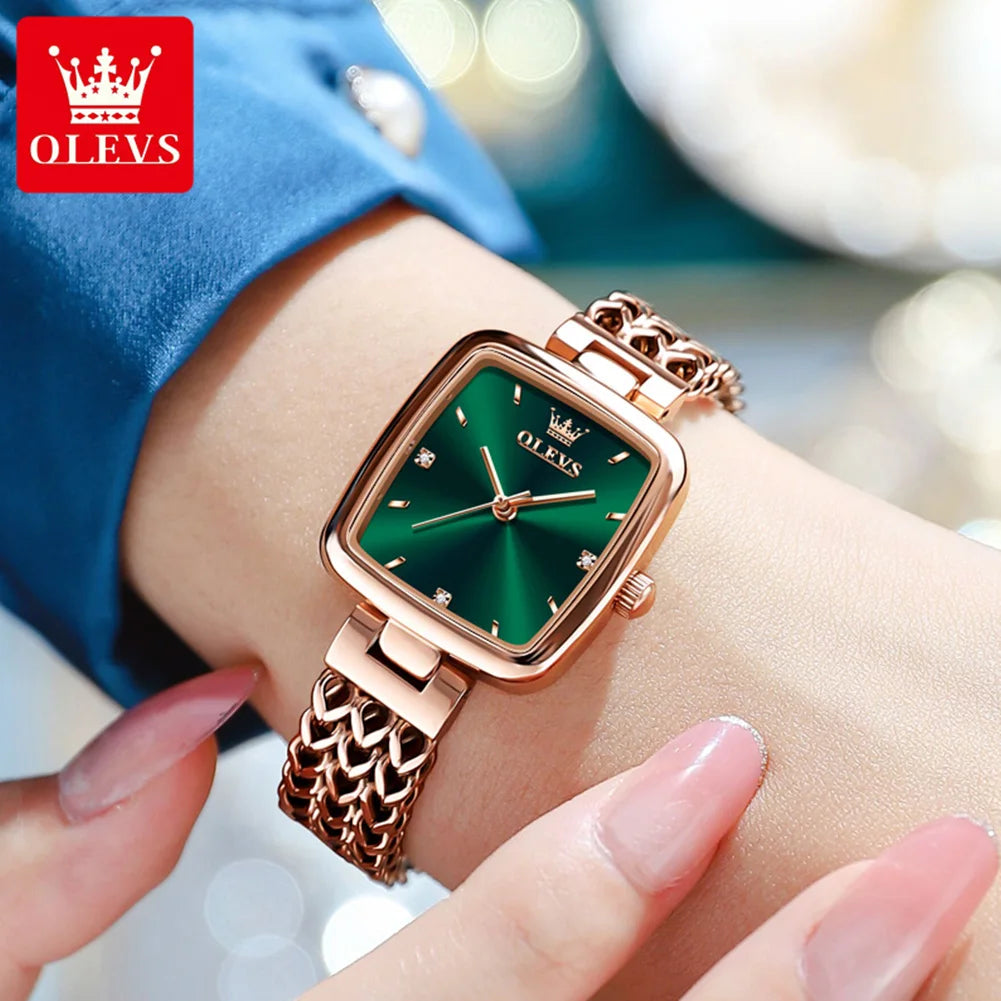 OLEVS New Quartz Watch for Women Elegant Rose Gold Stainless Steel Square Watch Original Luxury Ladies Wristwatches Jewelry Set