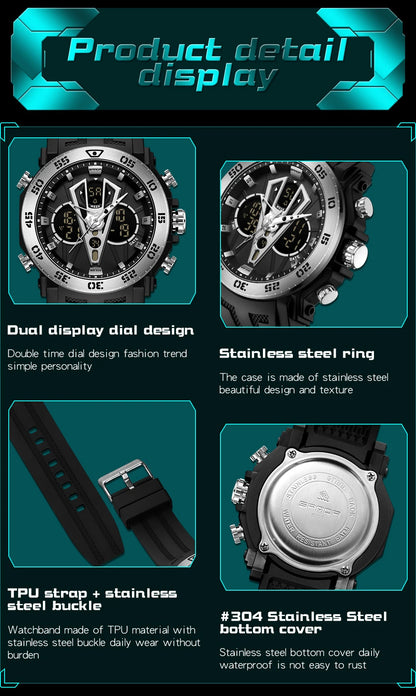 SANDA Sport Watch For Men Military Quartz Watch Man Waterproof Dual Display Digital Wristwatch for Men Clock Relogios Masculino