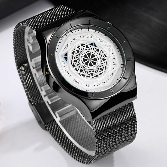 Watches Men Fasion Turntable No Pointer Quartz Watch Clock Mesh Band Male Wristwatch Relogio Masculino Gift For Men