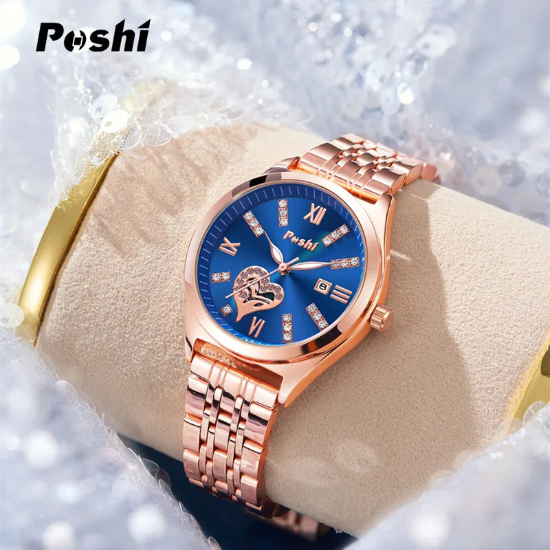 POSHI Top Brand Quartz Watches Stainless Steel Women's Watch with Date Ladies Fashion Dress Wristwatch Clock Relogio Feminino