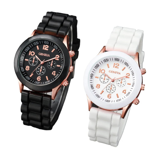 GENEVA COUPLE WATCHES WITH SILICONE BAND AND HEART BEADS BRACELETS SET