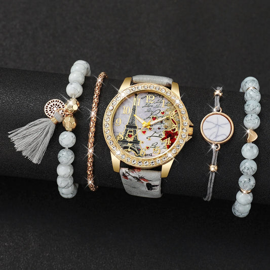 Lot de 5 montres à quartz pour femmes avec strass et imprimé floral, bracelet en cuir, ensemble de bracelets (sans boîte)