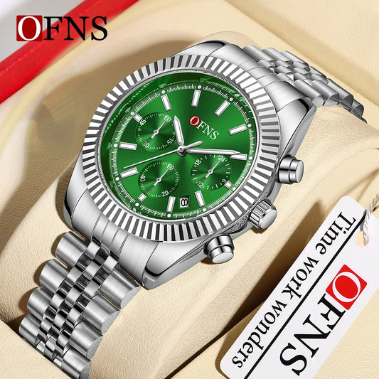 OFNS Top Luxury Men's Quartz Watch Stainless Steel Strap Waterproof Sports Quartz Watch Men's Timing Code Watch Business 1526