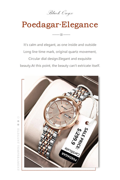 POEDAGAR Women Watch Rose Gold Fashion Quartz Watches Top Brand Luxury Ladies Wristwatch Waterproof Date Week Girlfriend Gift