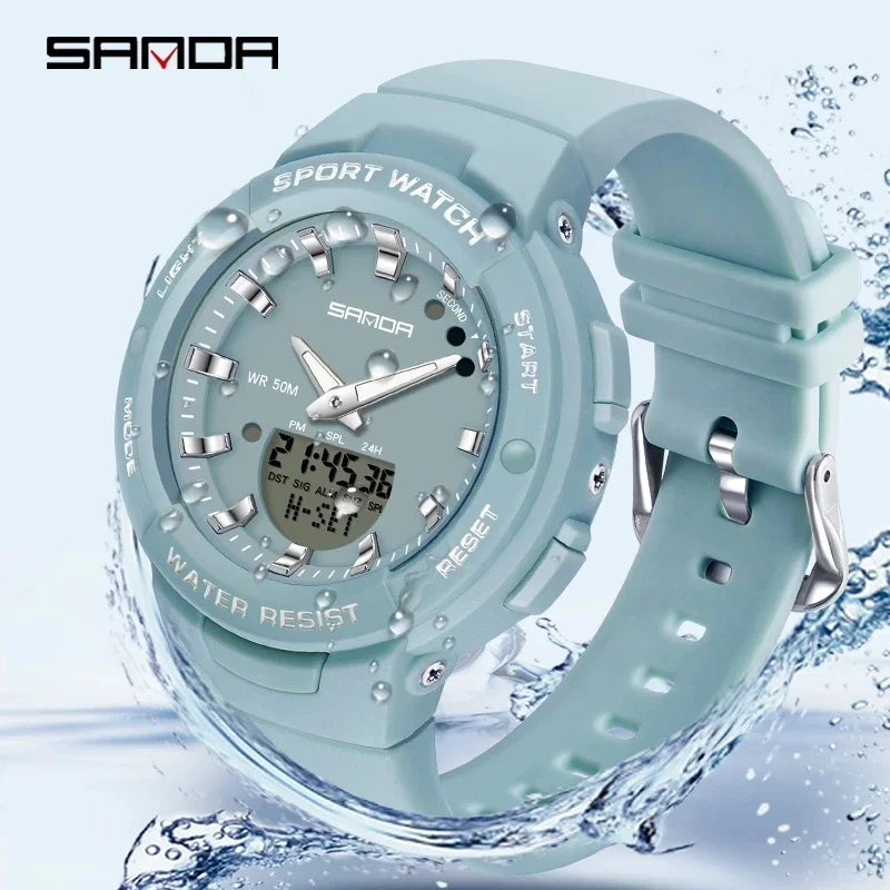 SANDA 6005 Montre à quartz décontractée pour femme de style G Montres-bracelets de sport étanches Montres numériques à double fuseau horaire pour femme