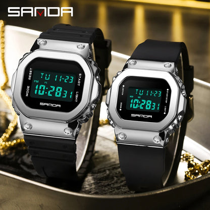 SANDA Montres de sport pour hommes Cadeau pour amoureux Montre numérique LED étanche Petite montre carrée Couple Femmes Montre-bracelet électronique militaire 2126