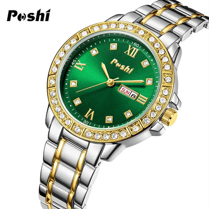 POSHI Quartz Watch for Women Alloy Strap Causal Ladies Wristwatch with Date Week Fashion Elegant Bracelet Waterproof Gift