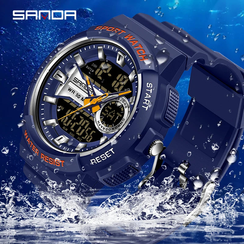 SANDA New Fashion Military Sports Watch Dual Display LED Date Digital Watches Waterproof Men's Quartz Watch Relogio Masculino