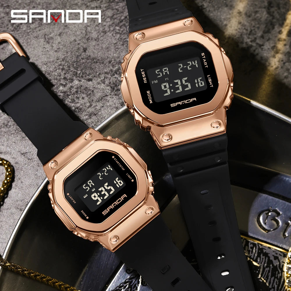 SANDA Montres de sport pour hommes Cadeau pour amoureux Montre numérique LED étanche Petite montre carrée Couple Femmes Montre-bracelet électronique militaire 2126