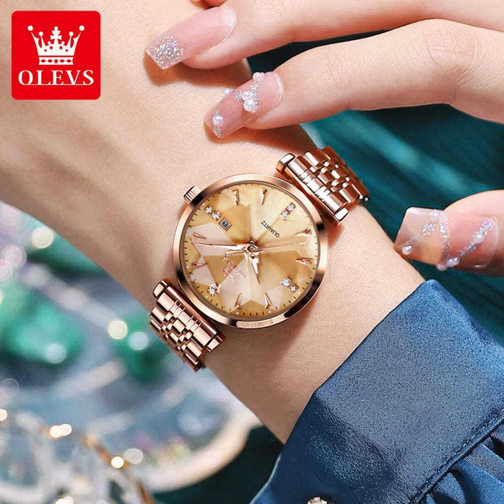 OLEVS Women Luxury Jewelry Quartz Watch Waterproof Stainless steel Strap Rose Gold Watch for Women Fashion Watch Bracelet Set