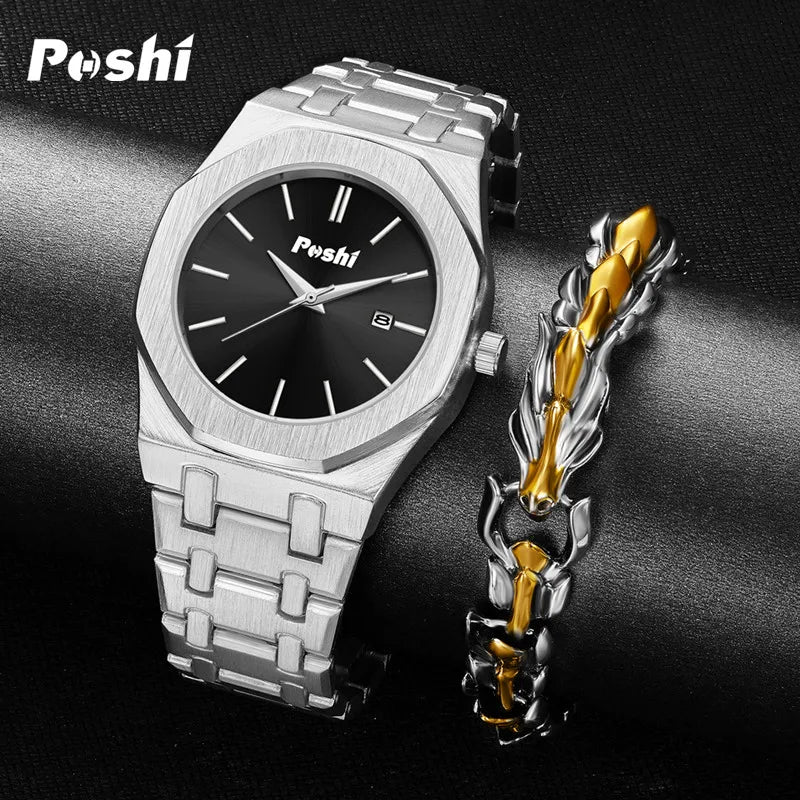 POSHI Quartz Watch for Man Fashion Luxury Business Wrsitwatch Simple Dial with Date Stainless Steel Strap Men's Watches Original