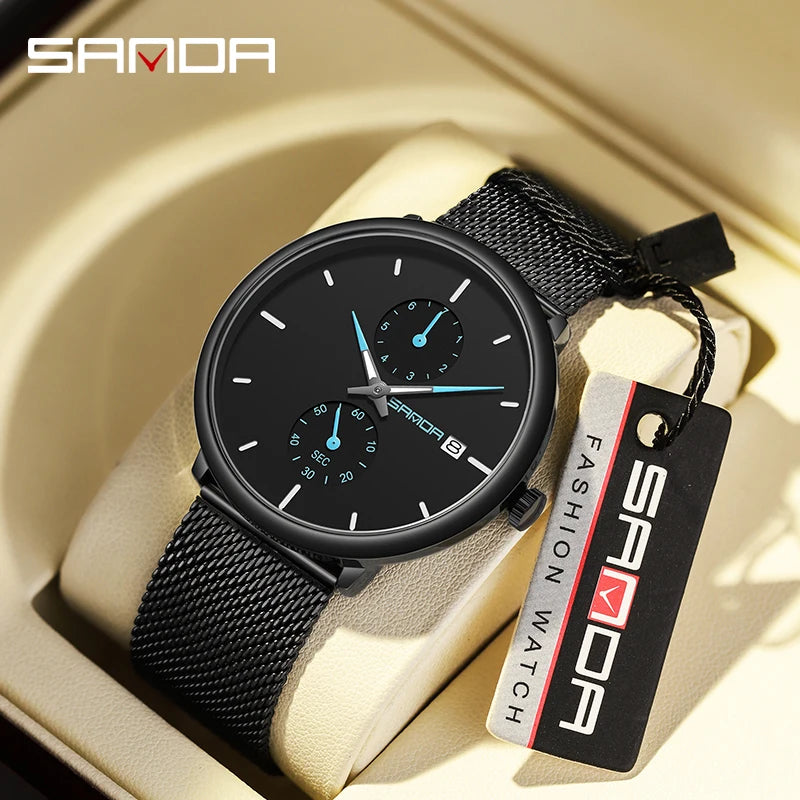 SANDA Fashion Mens Watches Top Brand Luxury Quartz Watch Men Casual Slim Mesh Steel Waterproof Sport Watch Relogio Masculino