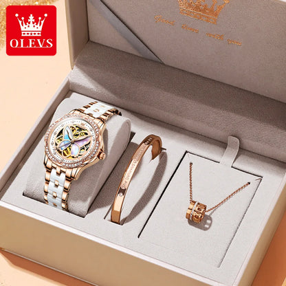 OLEVS Mechanical Watch for Women Ceramic Blue strap Original Wristwatch Skeleton Automatic Diamond Elegant Ladies Watches Set