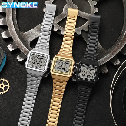 SYNOKE Top Marque De Luxe En Acier Inoxydable Chrono Sport Montres Hommes Rétroéclairage Affichage Montre-Bracelet Numérique 5Bar Étanche Reloj Hom