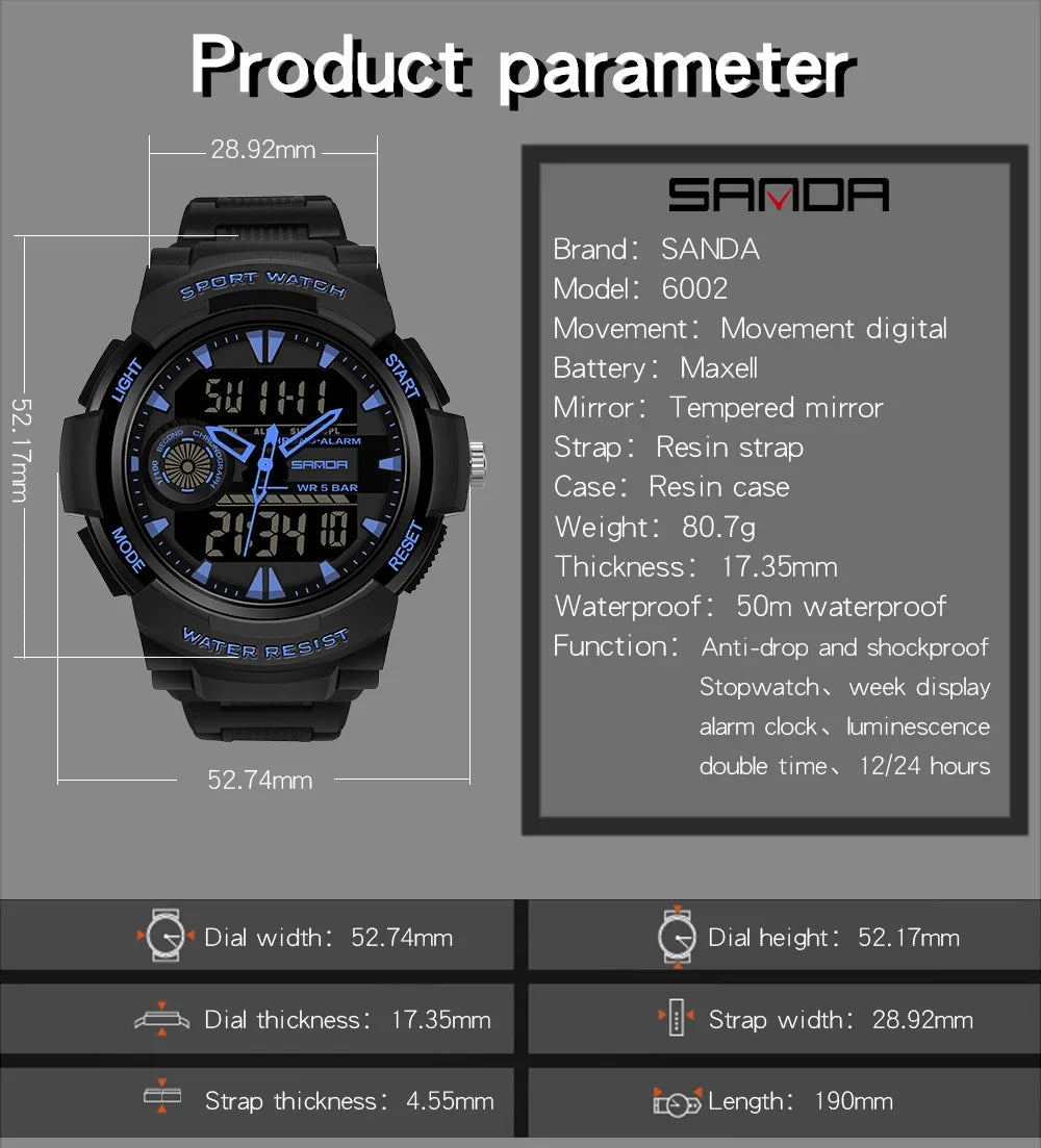 SANDA Digital Watch Men Military Army Sport Quartz Wristwatch Top Brand Luxury LED Waterproof Male Electronic Watches 6002