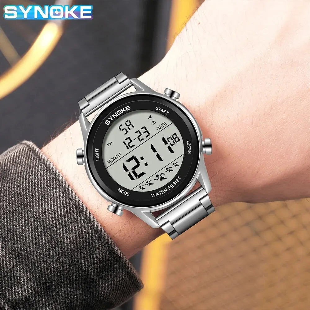 SYNOKE Montre de sport de luxe pour homme avec bracelet en acier inoxydable et alarme numérique, étanche et rétroéclairée