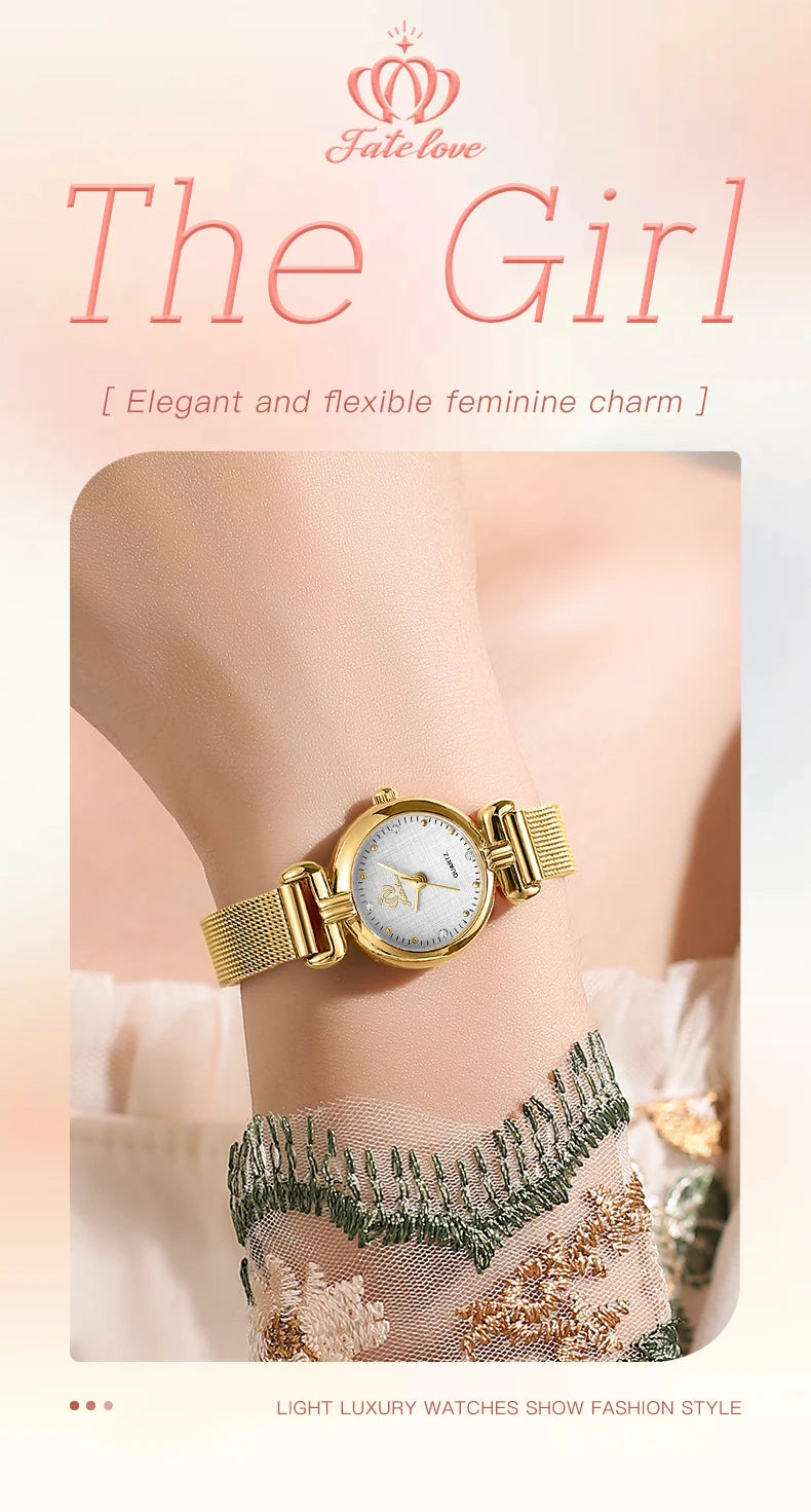 Montre à quartz rétro pour femme Fate Love, élégante, de luxe, avec bracelet en acier inoxydable doré, étanche, bracelet en cuir, montre à quartz pour femme