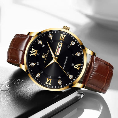 Men Business Watch 40mm Luxury Water Diamond Gold Black Leather Double Calendar Quartz Movement Fashion Classic Mens Wristwatch