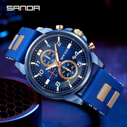 Sanda 5506 New Design 2023 Trendy Soft Silicone Strap Quartz Movement Fashion Business Men Watertproof Chronograph Wrist Watch