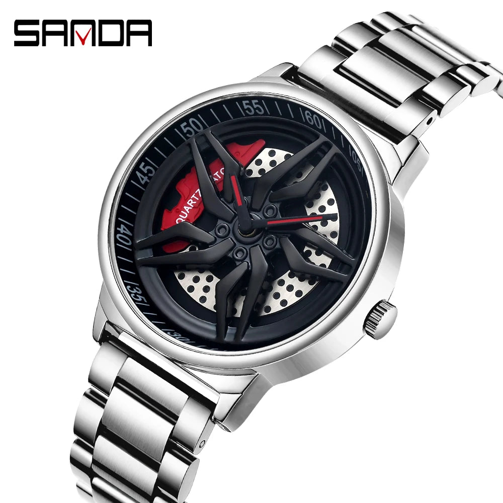 Car Wheel Watch Men Quartz Rotating Dial Waterproof Sport Steel Clock Creative Rim Hub Wheel Wristwatch Relogio Masculine