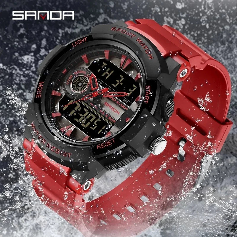 Montres de sport militaires de marque SANDA 2024 pour hommes, montres à double affichage, montre-bracelet électronique antichoc étanche Relogio Masculino 6082