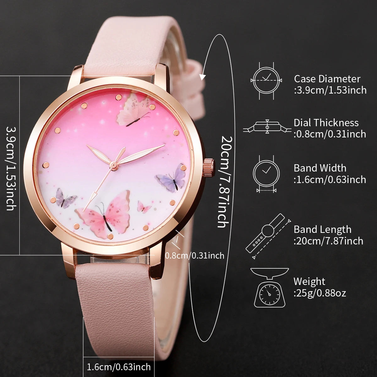 Lot de 6 montres à quartz tendance pour femmes avec cadran papillon et bracelet en cuir décontracté et perles (sans boîte)