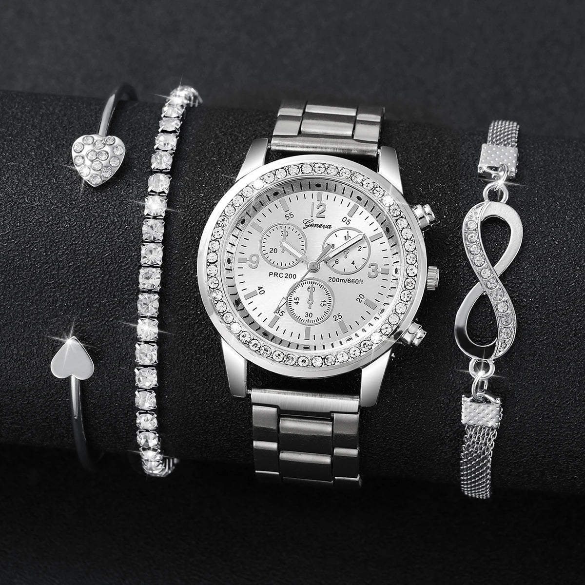 Lot de 4 montres à quartz pour femme avec strass et bracelet en acier inoxydable, bracelet en argent