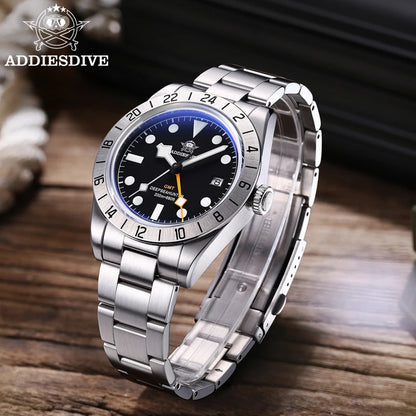 ADDIESDIVE GMT Men‘s Watch 200m Diving Quartz Watch for Men Super Luminous Date 316L Stainless Steel Dress Business Wristwatch