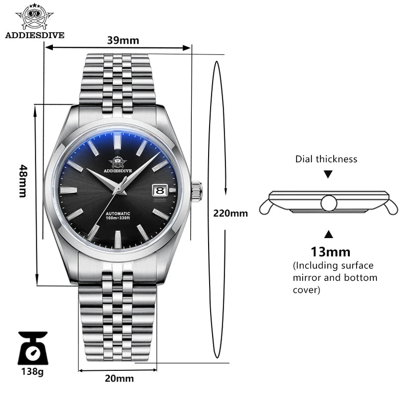 ADDIESDIVE Watch for Men NH35 Automatic Mechanical Luxury AR Coating Calendar 100m Waterproof Wristwatch Dress Watch