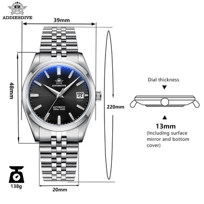 ADDIESDIVE Watch for Men NH35 Automatic Mechanical Luxury AR Coating Calendar 100m Waterproof Wristwatch Dress Watch