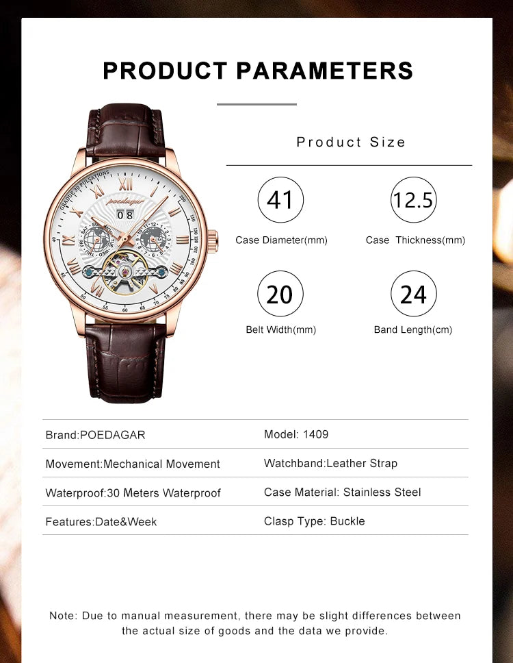 POEDAGAR Automatic Mechanical Tourbillon Business Watch Casual Date&Week&Month Luminous Waterproof Leather Men Watch Hot Relojes