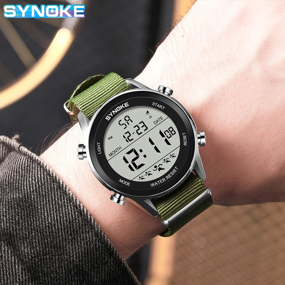 Synoke Hommes Sports de Plein Air Multifonctionnel Étanche Grand Écran Affichage Lumineux LED Numérique Pour Hommes Bracelet En Nylon Montre