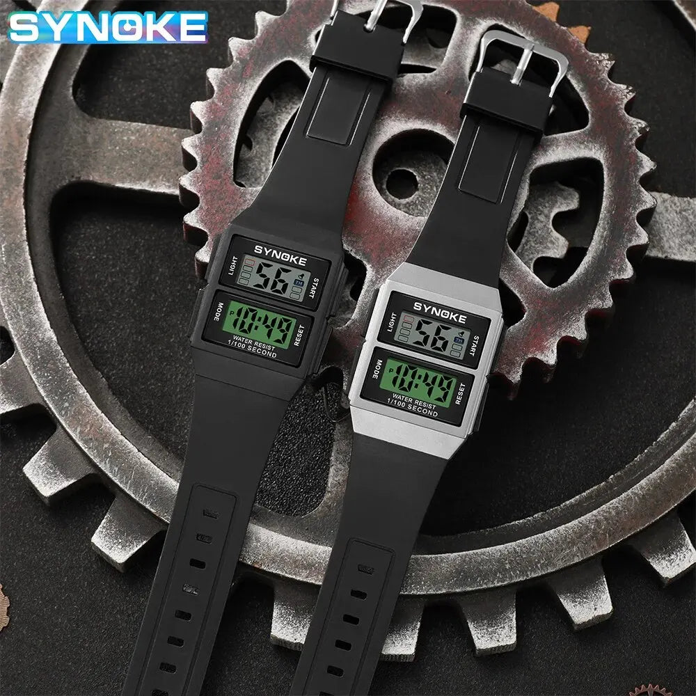 SYNOKE Montre Électronique de Sport Rectangulaire Étudiant Étanche 50M Veilleuse Design Léger Réveil Tendance Style Rétro