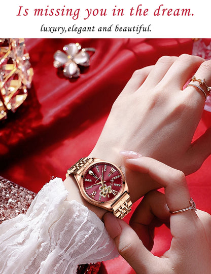 POEDAGAR Women Watch Fashion Luxury Wine Red Quartz Watches Waterproof Stainless Stain Ladies Wristwatch Romatic Girlfriend Gift