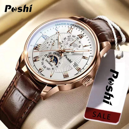 Swiss Brand POSHI Men Watch Fashion Top Luxury Sport Men's Wristwatch Waterproof Luminous Leather Date Quartz Watches Man clock