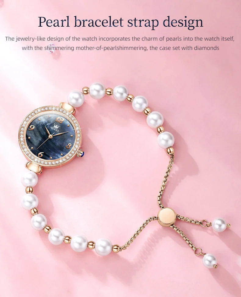 OLEVS Pearl Chain Watch for Women Luxury Diamond Dial Waterproof Original Top Brand Quartz Watches Gift Sets Relógio Feminino