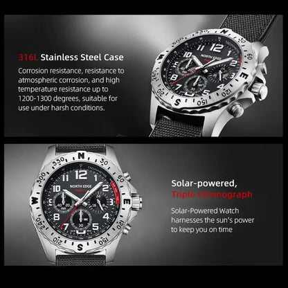 NORTH EDGE 2024 MACH 2 Men's Watches Solar Power 316 stainless steel Case Quartz Watch For Men Pilot Waterproof 50M Stopwatch