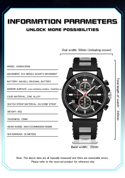 Sanda 5506 New Design 2023 Trendy Soft Silicone Strap Quartz Movement Fashion Business Men Watertproof Chronograph Wrist Watch