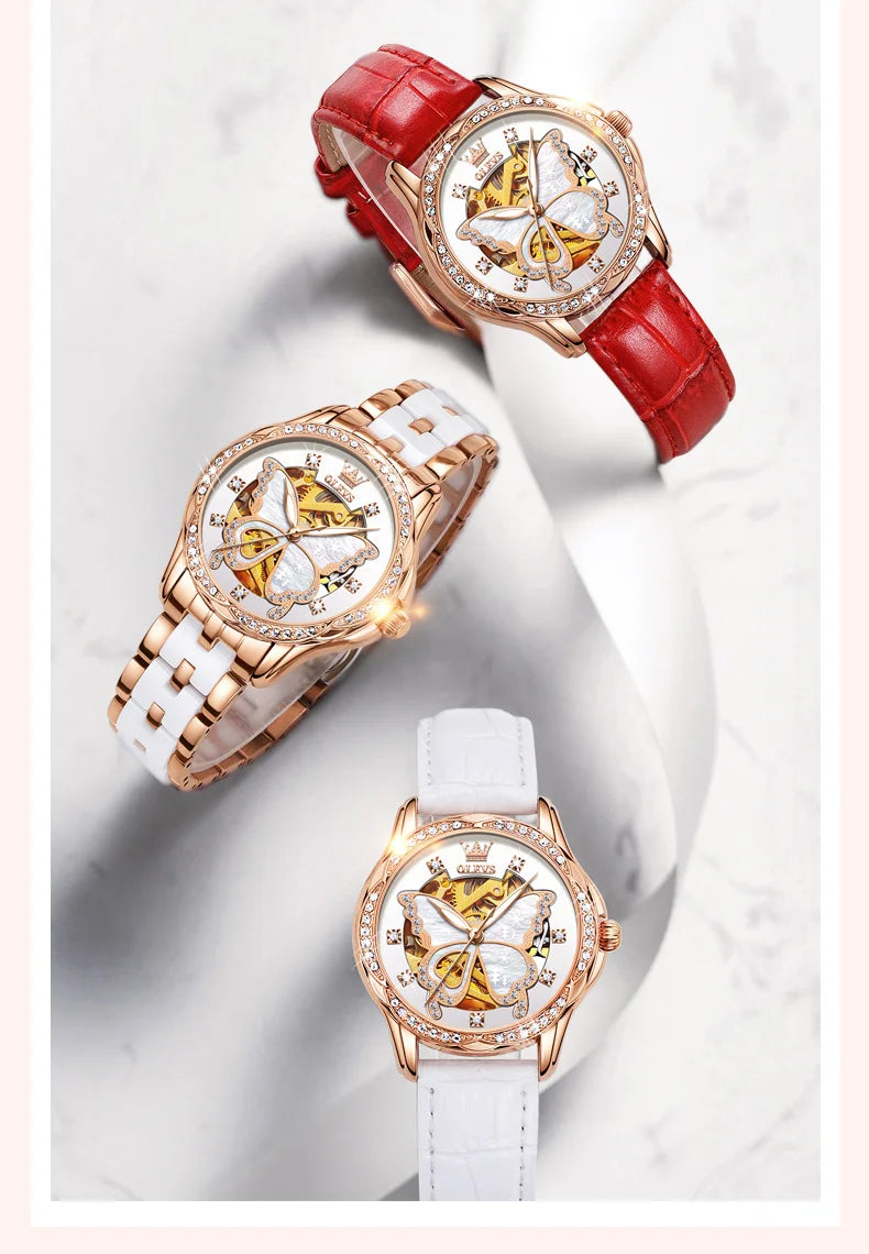 OLEVS Automatic Watches for Women Luxury Rose Gold Skeleton Mechanical Waterproof Luminous Women Bracelets Watches Elegant Set