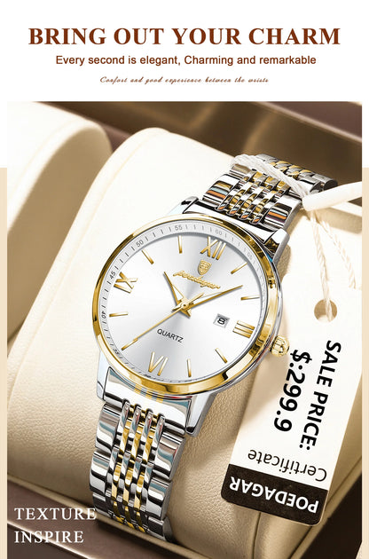 POEDAGAR Ladies Wristwatch Luxury Waterproof Luminous Date Gold Watch For Women Dress Stainless Steel Quartz Women's Watches+Box