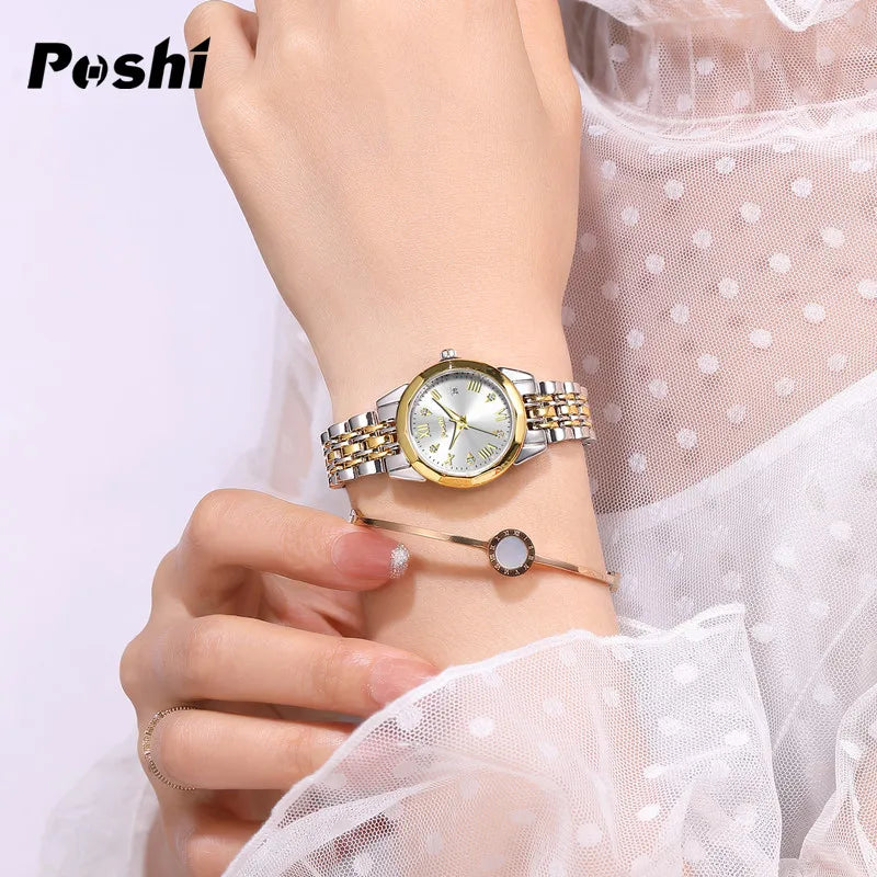 POSHI Stainless Steel Strap Quartz Watch Fashion Casual Women's Watches Crystal Dial Quartz Movement Date Ladies Bracelet Gift